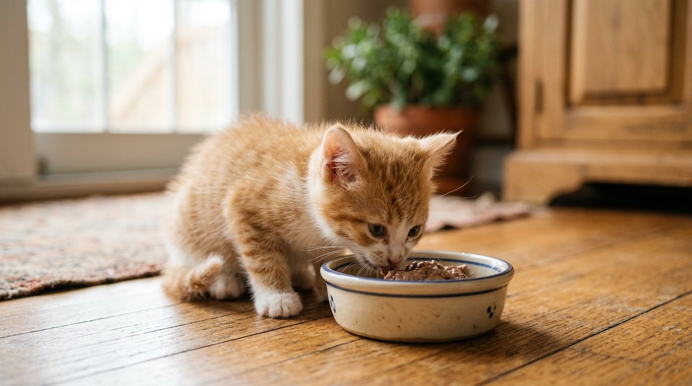 Yavru kedi mama tabağında kuru mama yerken