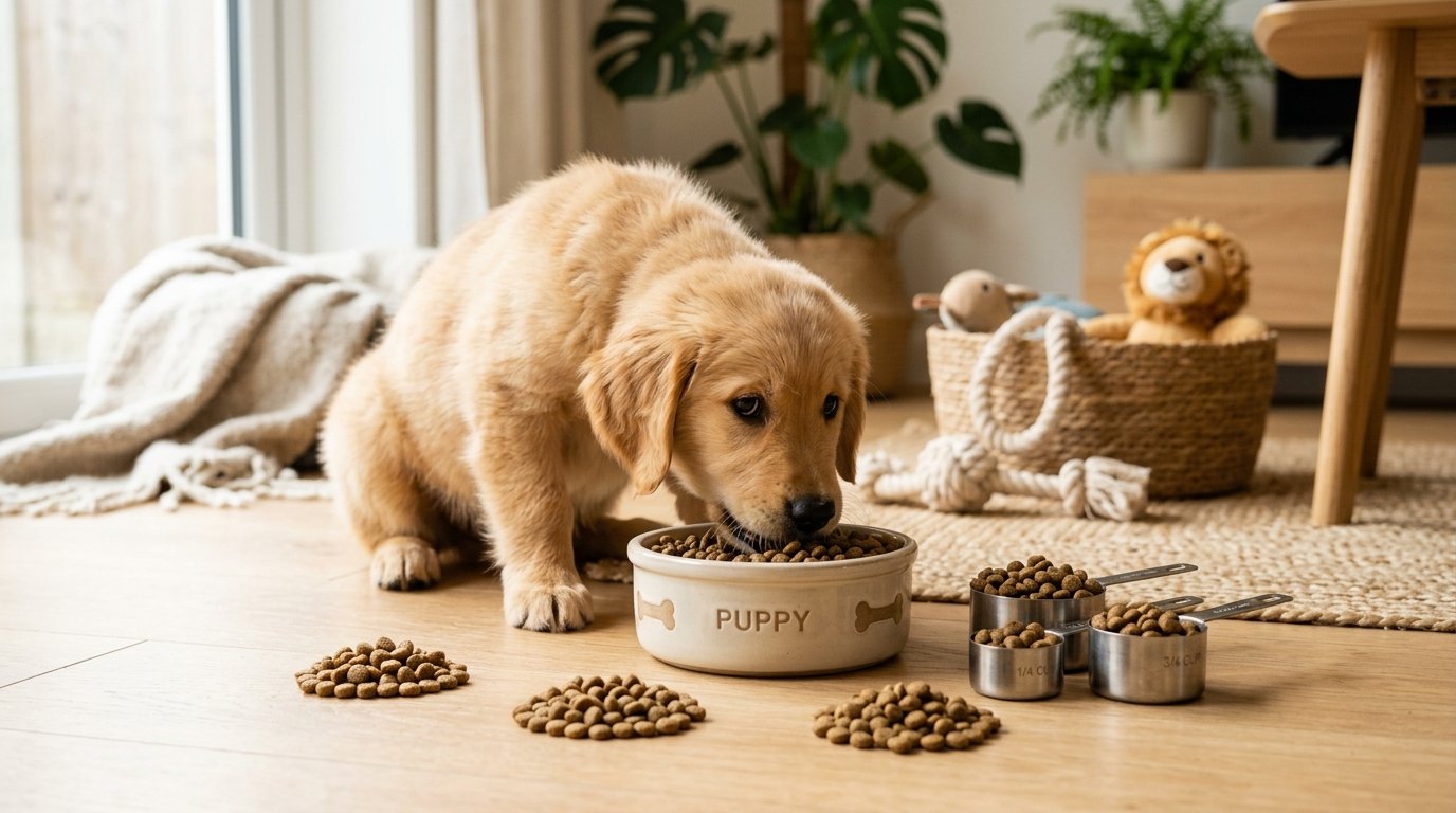 Golden Retriever yavru köpek mama kabının önünde beslenirken