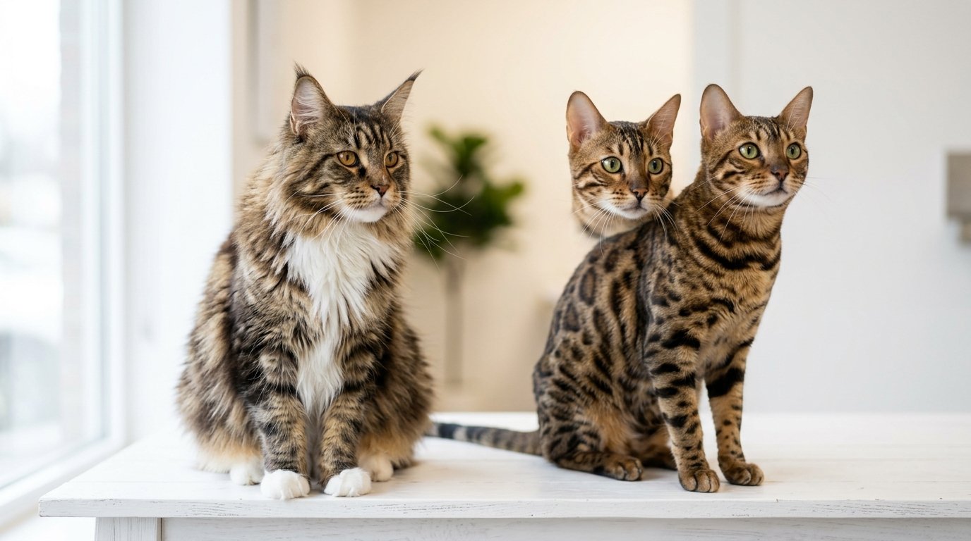Zeki kedi ırkları Maine Coon ve Bengal kedisi